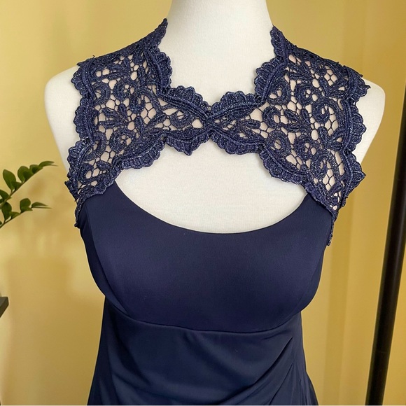 Navy Blue Lace-top Xscape Gown - Picture 4 of 8